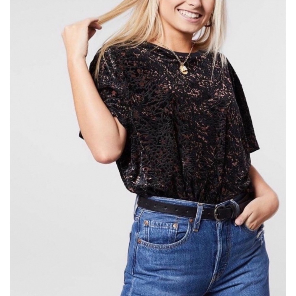 We The Free Free People‎ Copper Black Burnout Velvet Teddy Tee Top Small